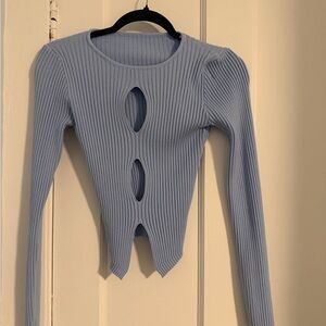 Ribbed Long-Sleeve Cutout Top - Light Blue